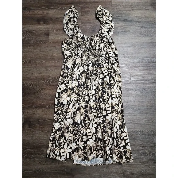 Ava & Viv Ruffle Sleeve Empire Waist Linen Blend Dress In Black Floral 1X - Picture 7 of 11